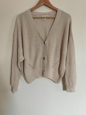 Roxy Cotton Oversized Cropped V-Neck Button Cardigan sz M Cream Boho Beachy
